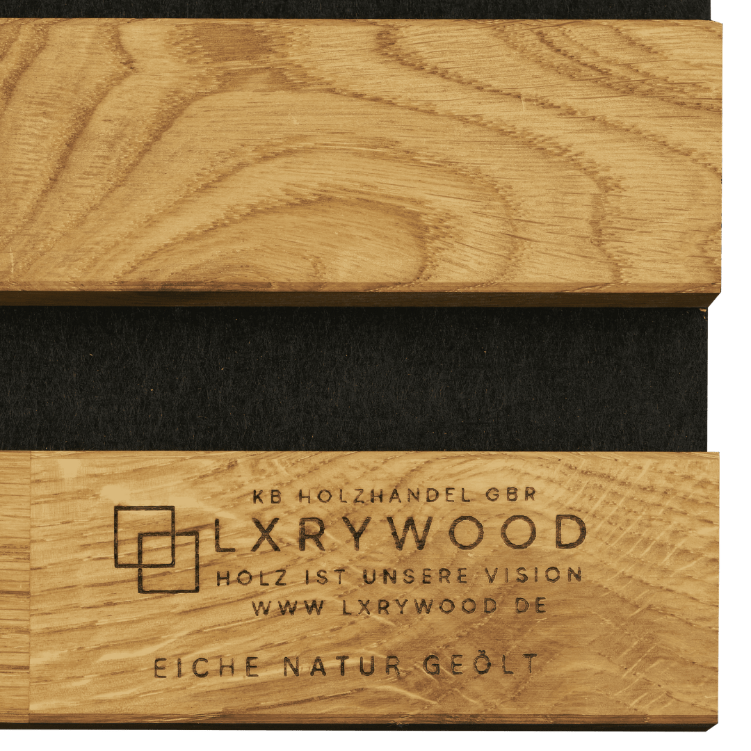 Akustikpaneele aus Massivholz - Natural oak acoustic panel with wood grain pattern and LXRYWOOD branding