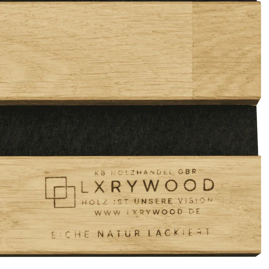 Muster Eiche Natur Lackiert mit schwarzem Filz, Detail mit LXRYWOOD-Prägung