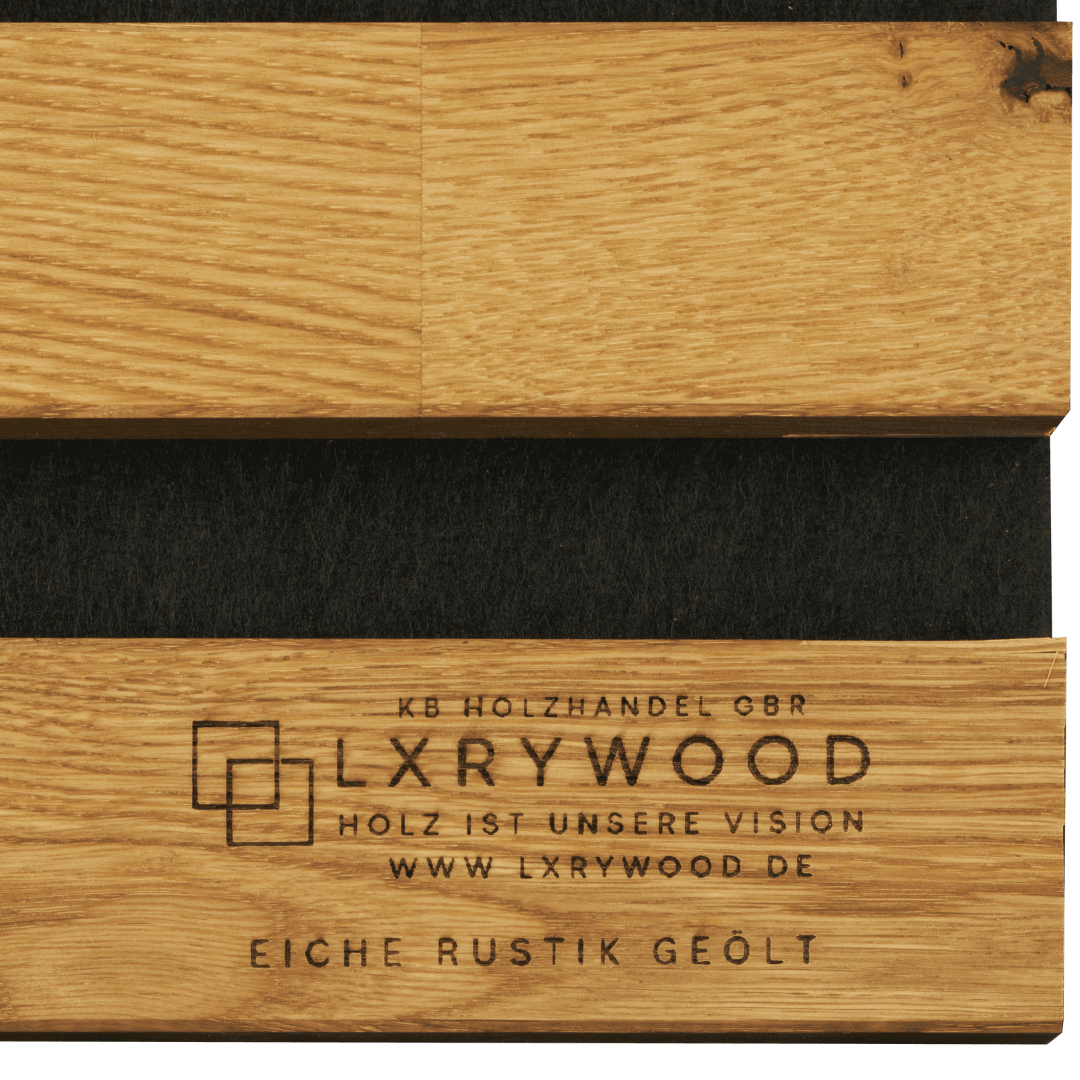 Akustikpaneele aus Massivholz - Natural oak acoustic panel with black felt insert and branded Lxrywood logo on wood surface