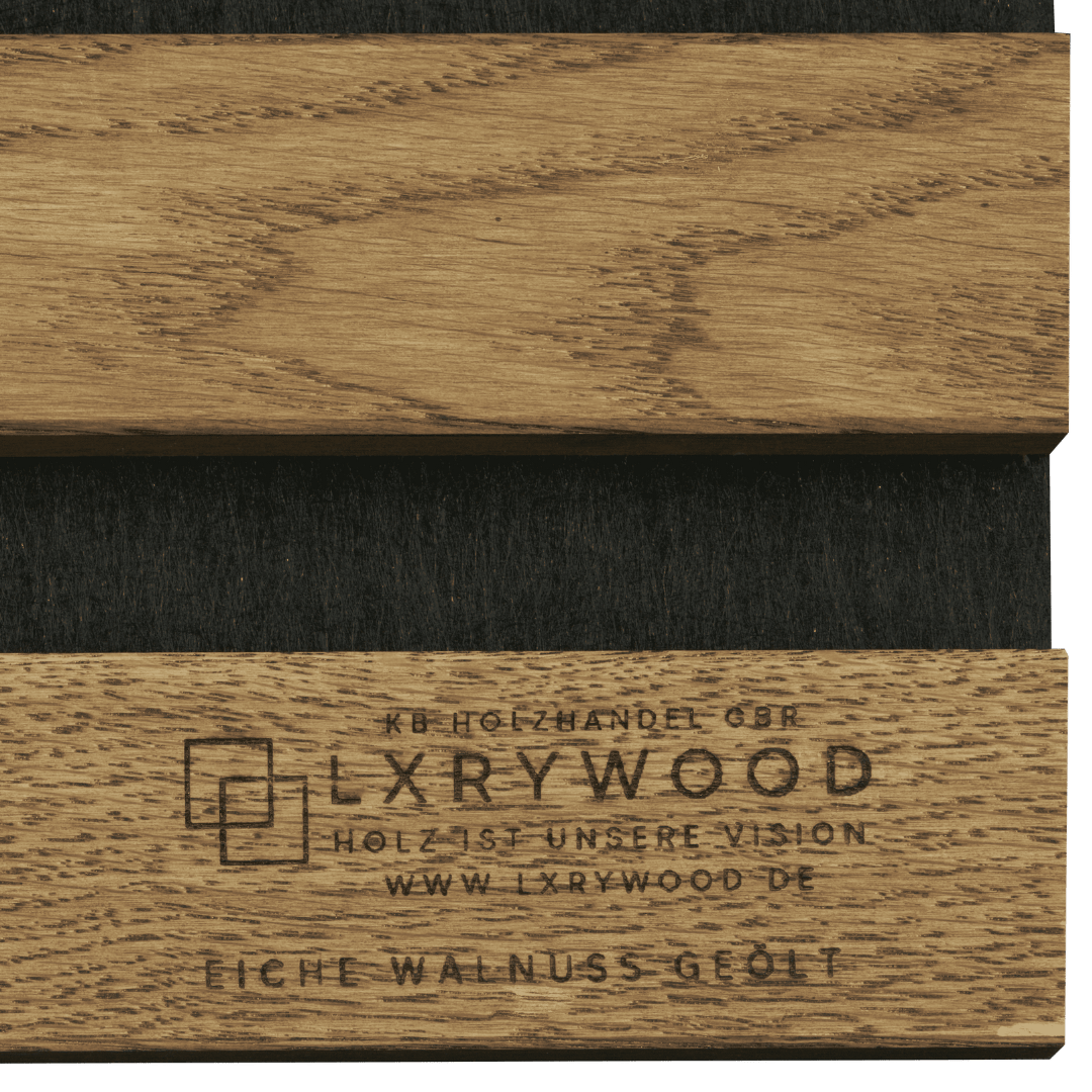 Solid wood acoustic panels by LXRYWOOD, featuring natural oak and walnut grain patterns with black acoustic insert