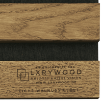 Solid wood acoustic panels by LXRYWOOD, featuring natural oak and walnut grain patterns with black acoustic insert
