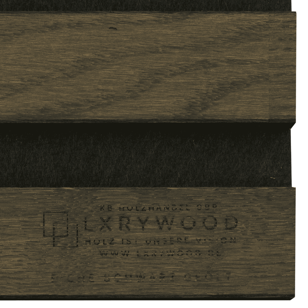 Solid wood acoustic panels with Luxywood branding shown on dark wood surface with textured black felt detail
