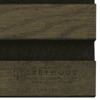 Solid wood acoustic panels with Luxywood branding shown on dark wood surface with textured black felt detail