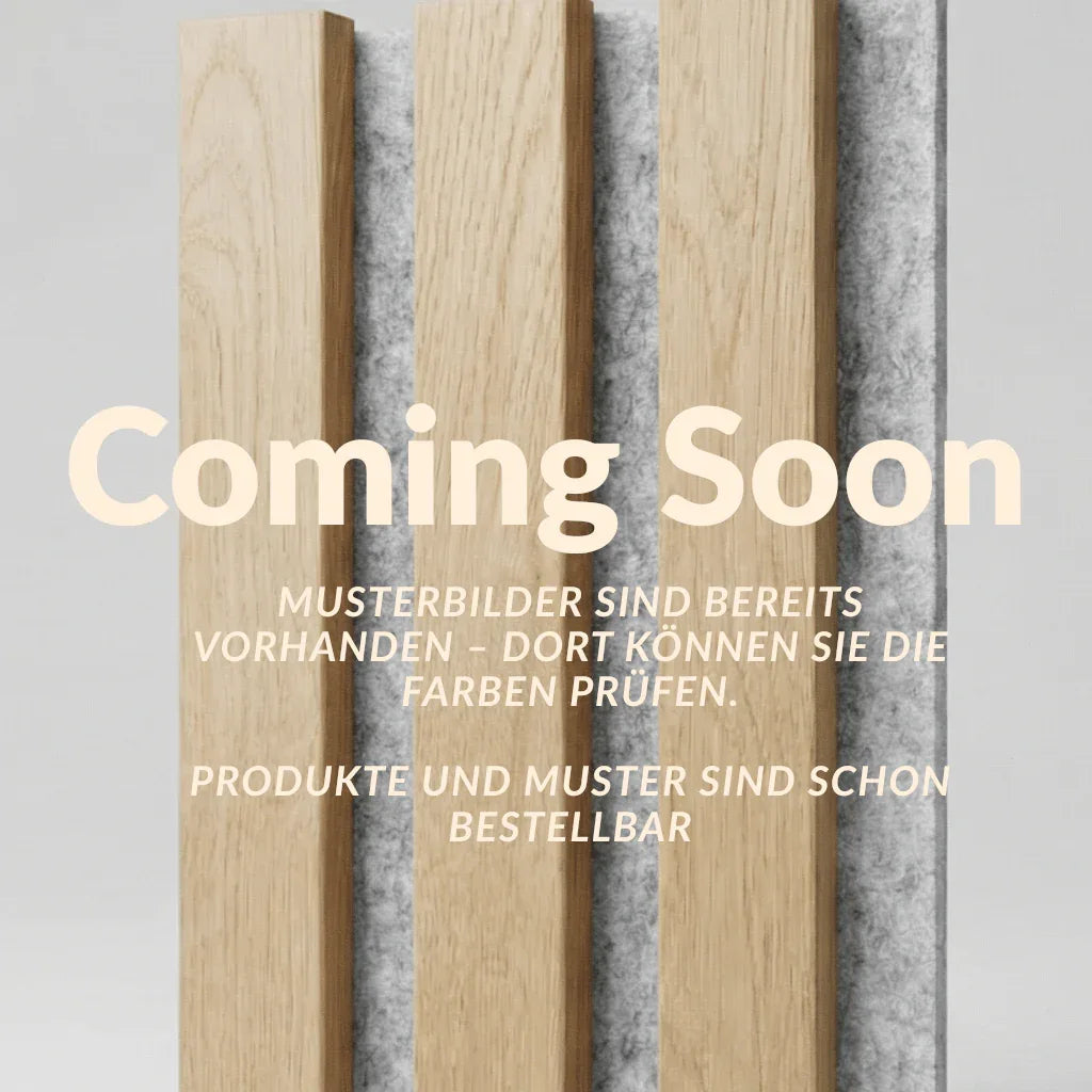 Platzhalter „Coming Soon“, Muster Eiche Natur Lackiert mit grauem Filz