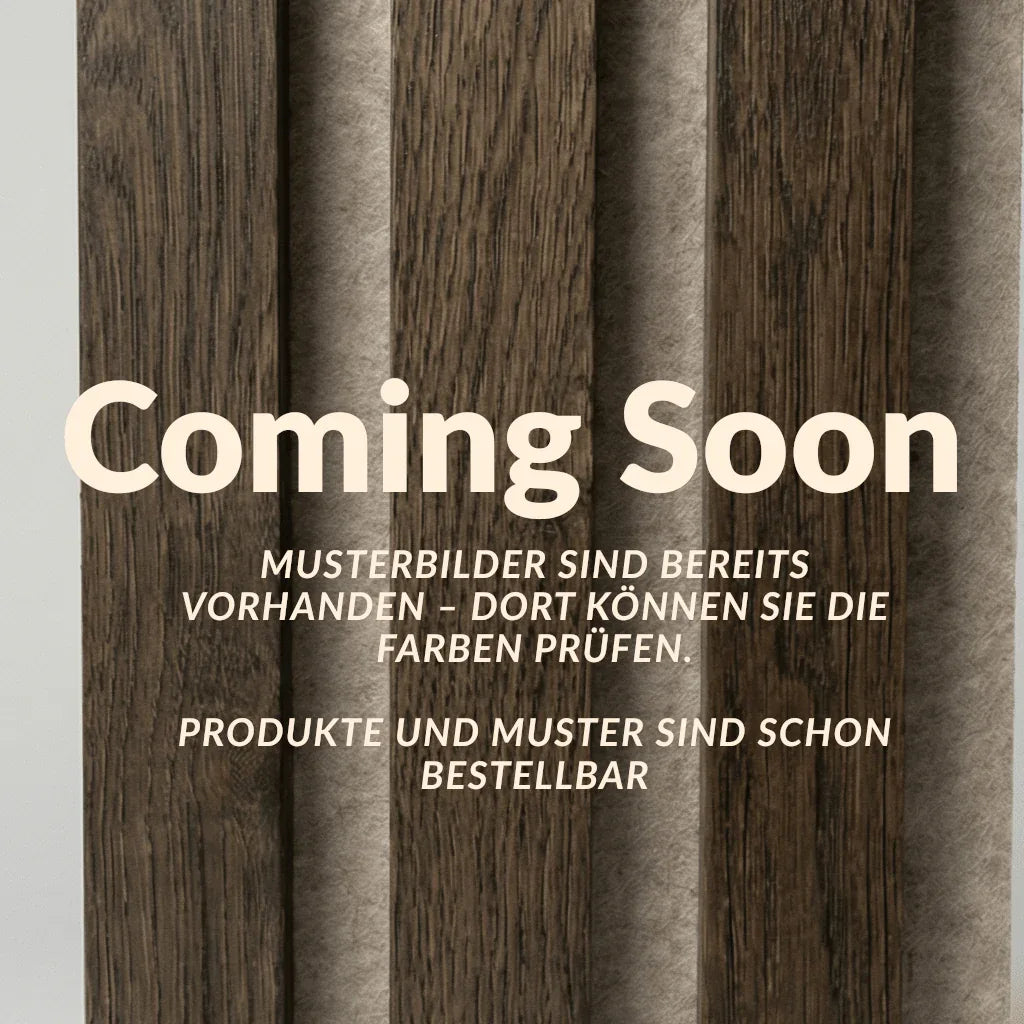 Platzhalter „Coming Soon“, Muster Eiche Schwarz geölt mit beigem Filz