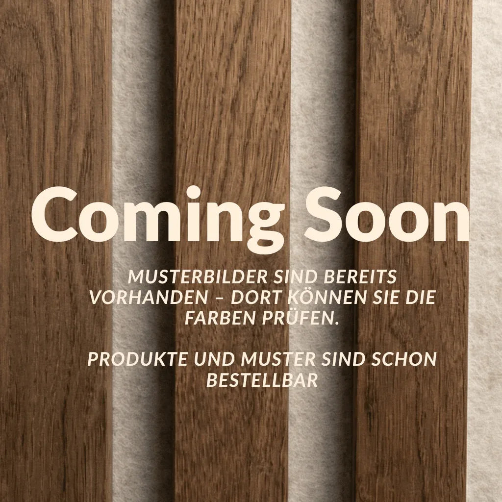 Platzhalter „Coming Soon“, Muster Eiche Walnuss geölt mit beigem Filz