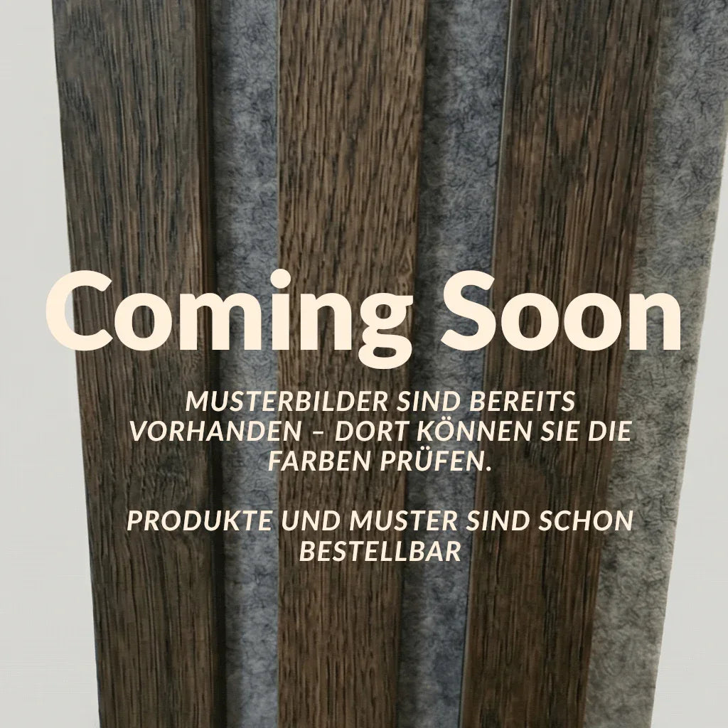 Platzhalter „Coming Soon“, Muster Eiche Schwarz geölt mit grauem Filz