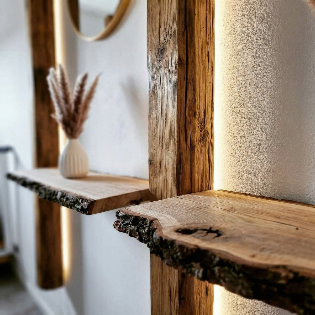 Altholz – Balkenlampe an Wand, rustikale Atmosphäre im Esszimmer