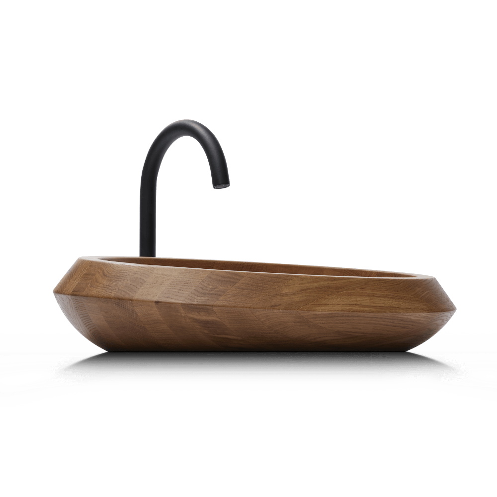 Aufsatzwaschbecken bzw. Waschbecken Holz Modell SVALL aus Echtholz Eiche Natur Seitenansicht 02