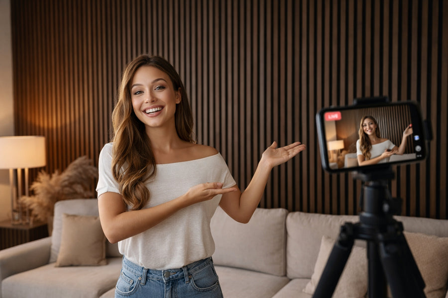 Influencerin präsentiert Premium-Akustikpaneele Eiche während Live-Stream