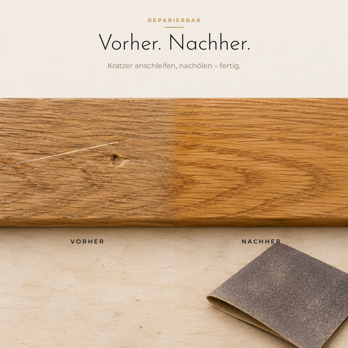 Grafik: Massivholz-Lamelle vorher und nachher, Oberfläche abgeschliffen