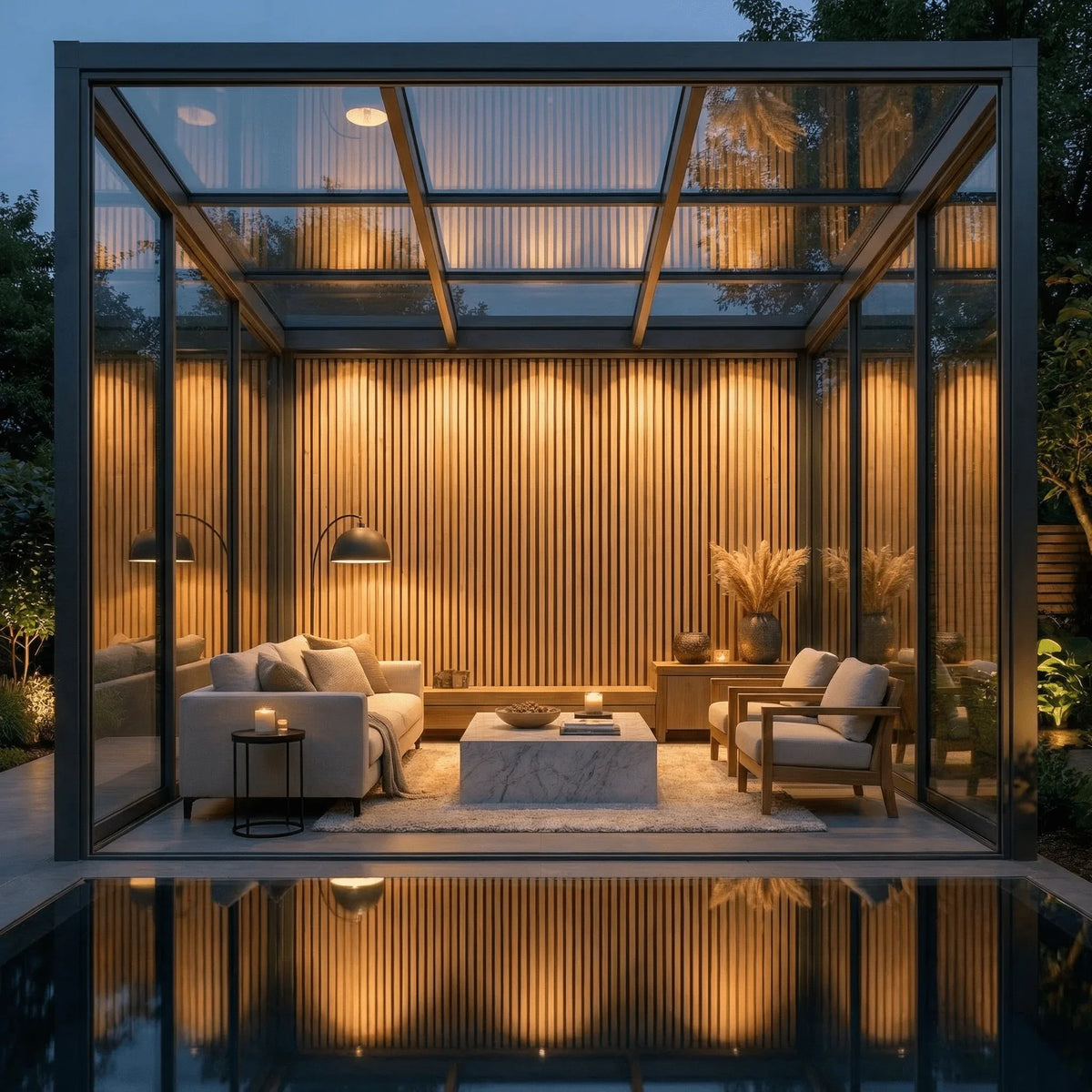 Glas-Pavillon mit Lamellenwand aus Eiche und indirekter Beleuchtung