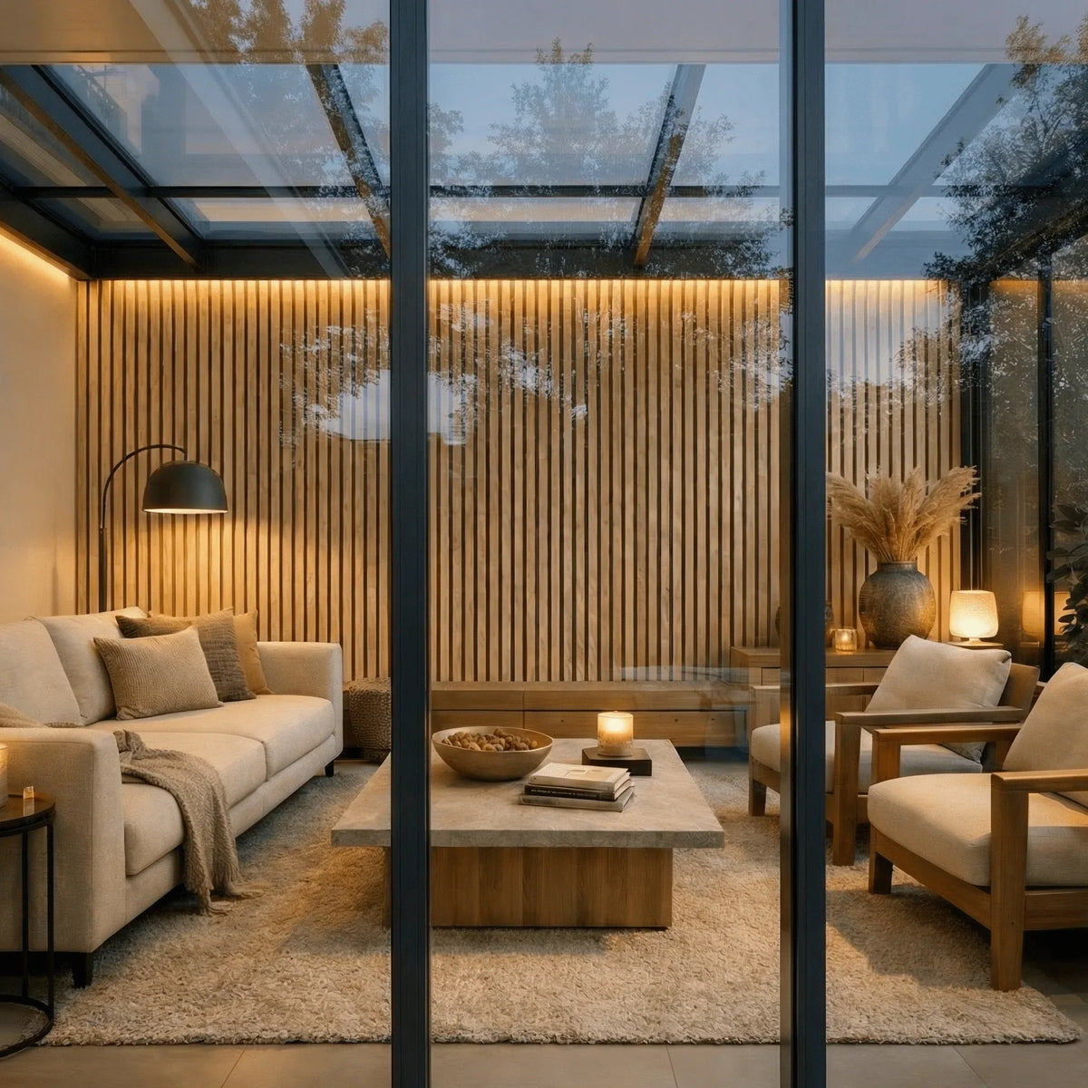 Wohnraum mit Glasfront und Lamellenwand aus Eiche