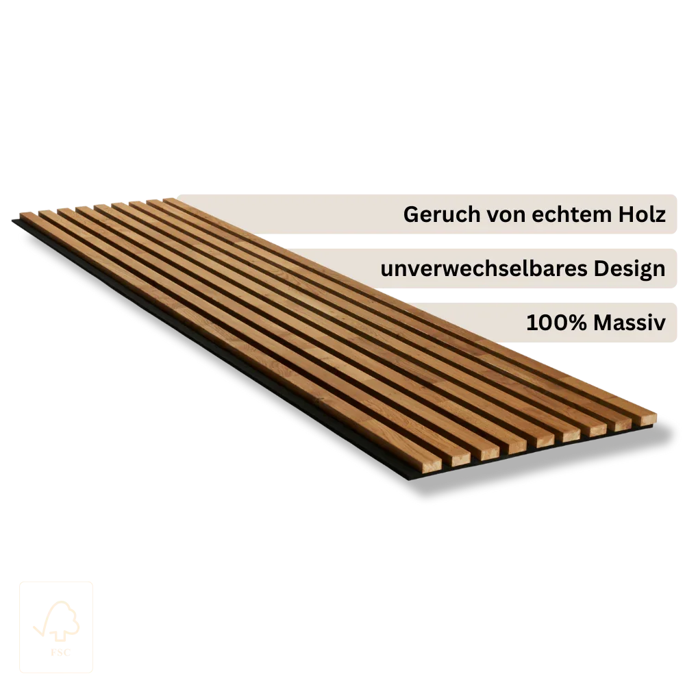 Eiche Rustik geölt – Akustikpaneel an Wohnzimmerwand, lebendige Holzoptik