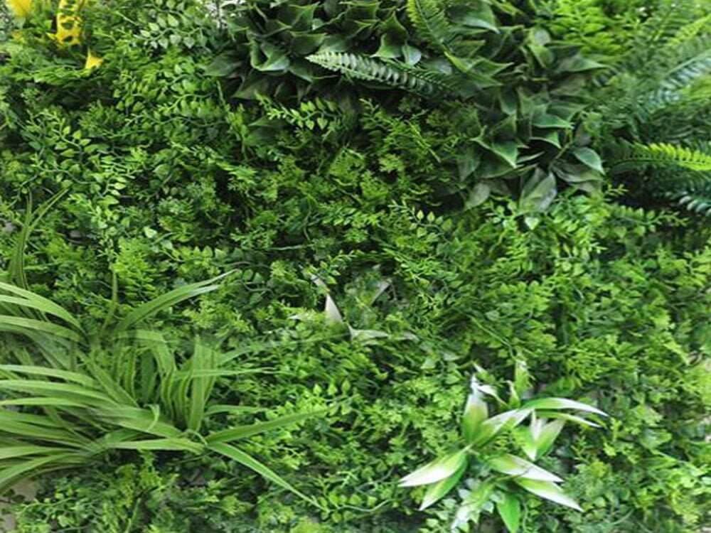 Stilvolle grüne Wand: Elegante Kunstpflanzenwand mit Mischung aus Farnen und Blättern für ein ruhiges Raumgefühl